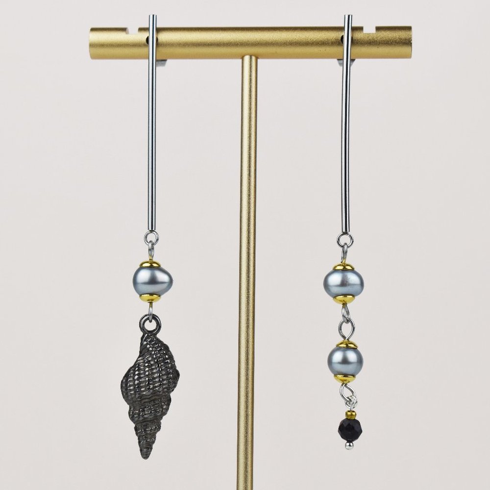 Auger seashell drop earrings, accent gray pearl mismatched earrings